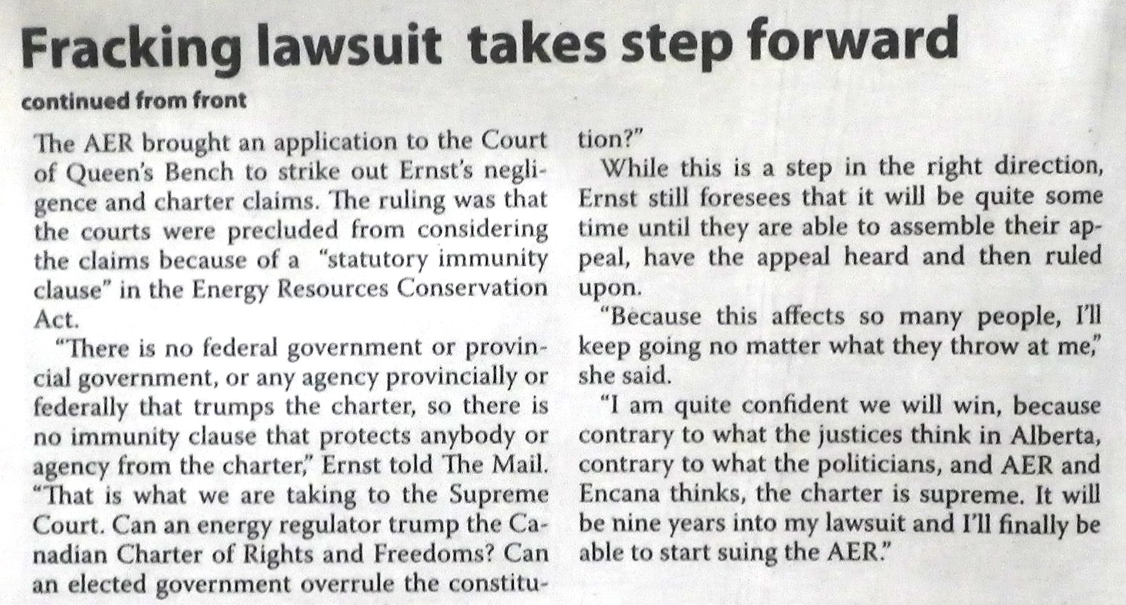 2015 05 06 Drumheller Mail Pg 3, Supreme Court Rosebud Fracking Appeal, 'It will be nine years into my lawsuit and I'll finally be able to start suing the AER'
