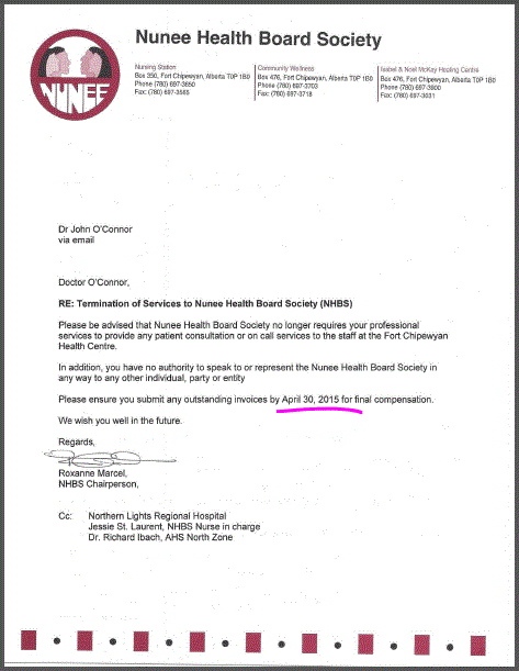 2015 05 08 snap Nunee Health Board Society to Dr. John O'Connor Letter of termination of services
