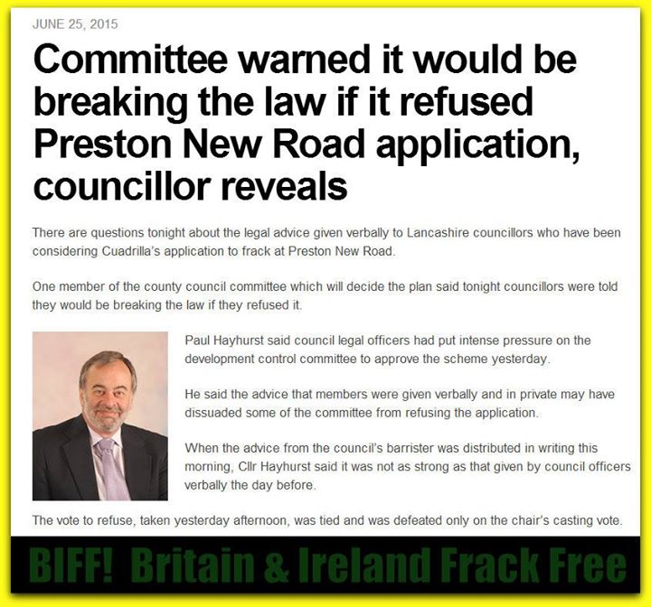 2015 06 25 Committee warned it would be breaking the law if it refused Caudrilla's frac application at Preston New Road