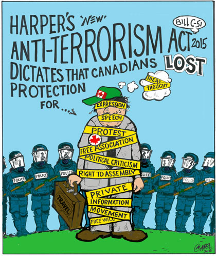 2015 07 Cartoon by C Abel, Harper's Rights violating Anti-Terrorism-Act_RGB