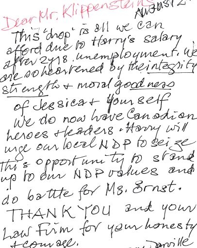 2015 08 10 donation note from 91 year old Canadian, Harry will urge NPD to do battle for Ernst