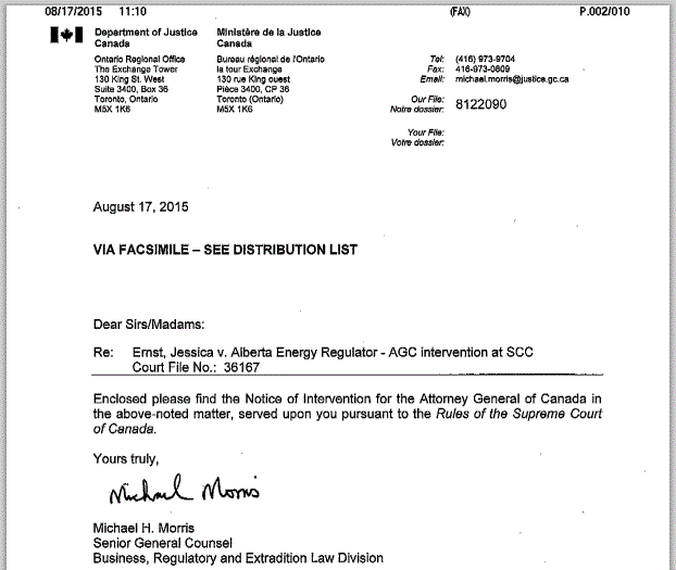 2015 08 17 snap Notice of Intervention for Harper's AG Canada in Ernst vs AER, Docket 36167