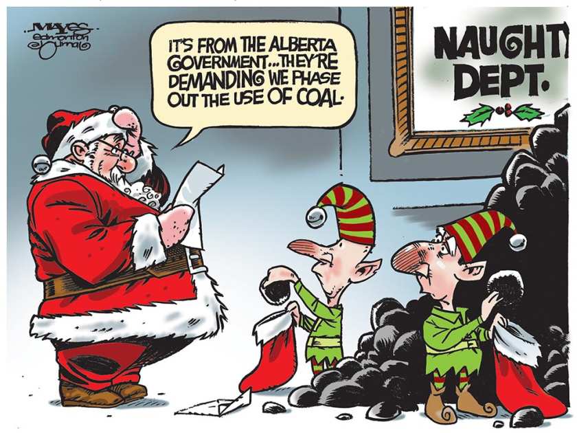 2015 11 27 malcolm mayes cartoon ndp naughty dept, supposed to be phasing out coal, are they lying