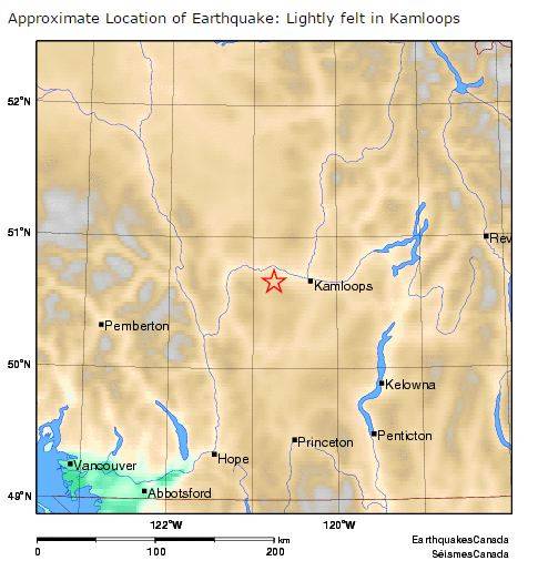 2015 12 16 Kamloops, BC, 3.6 M earthquake, map