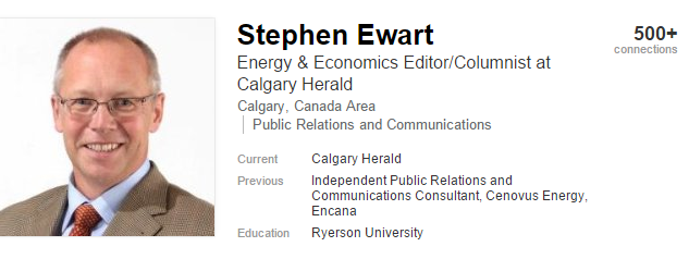 2016 02 12 Calgary Herald's Stephen Ewart previous work history, 'Independent Public Relations and Communications Consultant, Cenovus Energy, Encana'