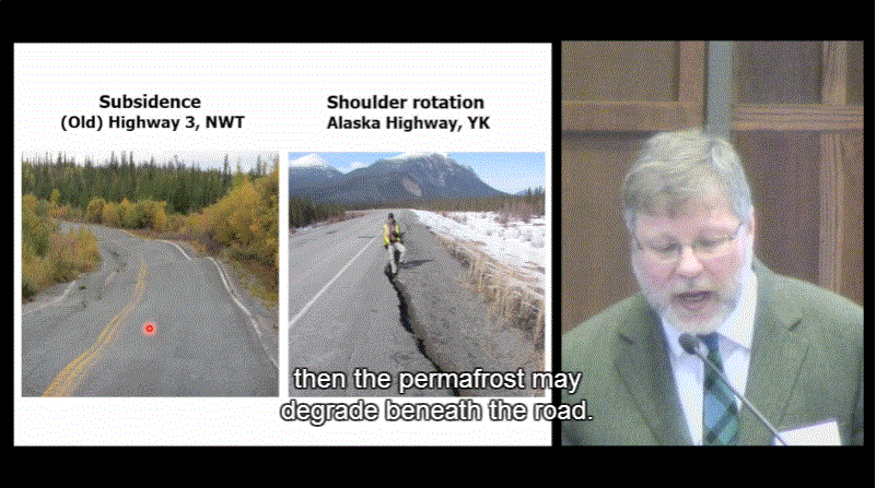 2016 03 01 Christopher Burn at Adele Hurley Munk Conf on fracing in permafrost, road degradation in middle if not built w embankment, on side w embankment