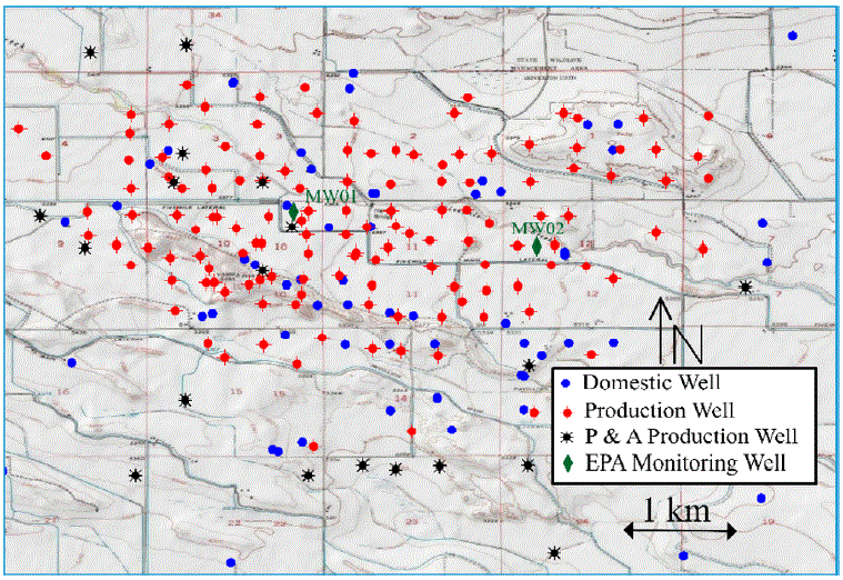 2016 03 29 Diguilio & Jackson, map of water wells, energy wells in paper, drinking water contamination at pavillion, wyoming