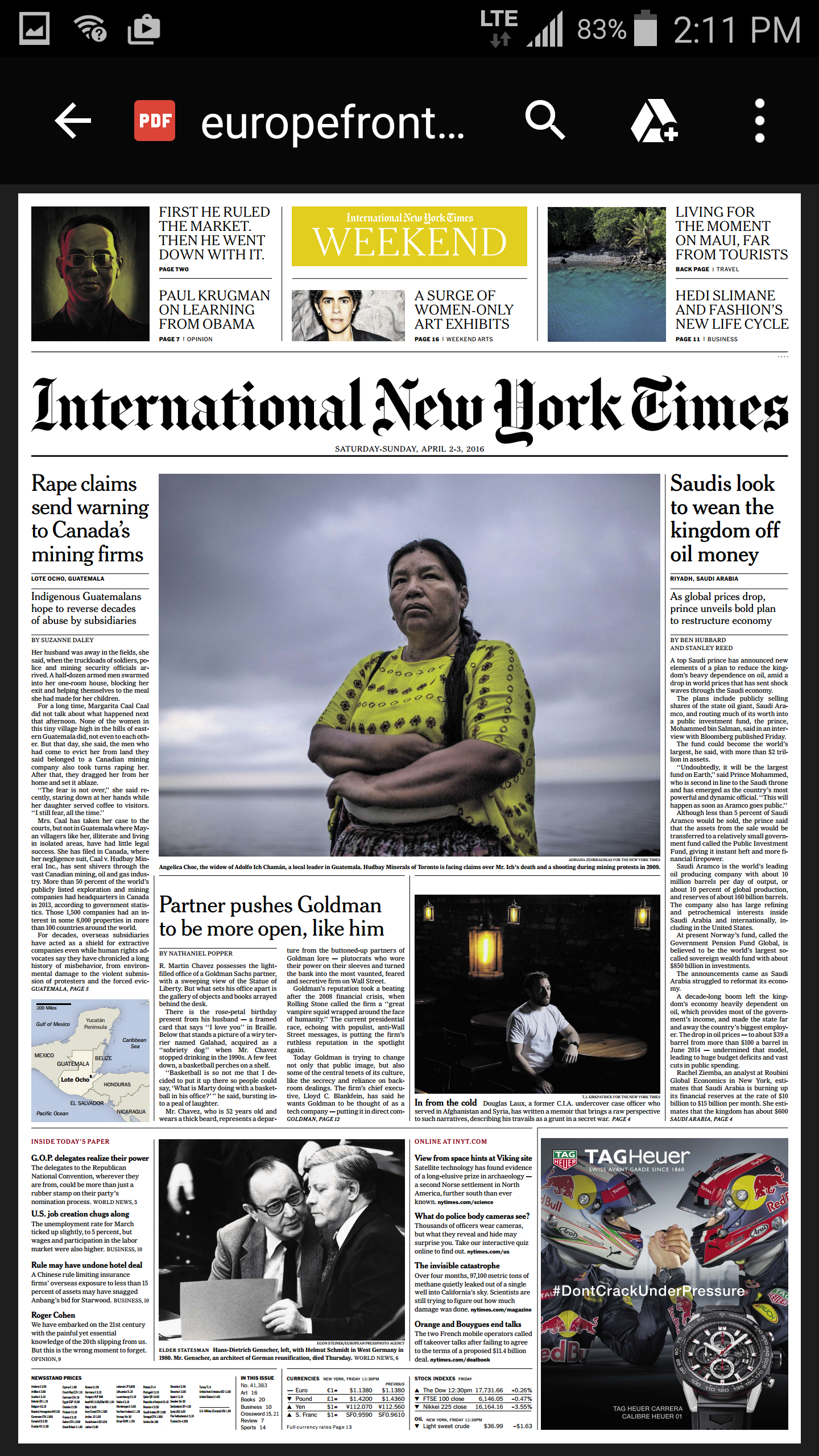 2016 04 03 screen shot Guatamalan women case against Hudbay front page International New York Times Weekend