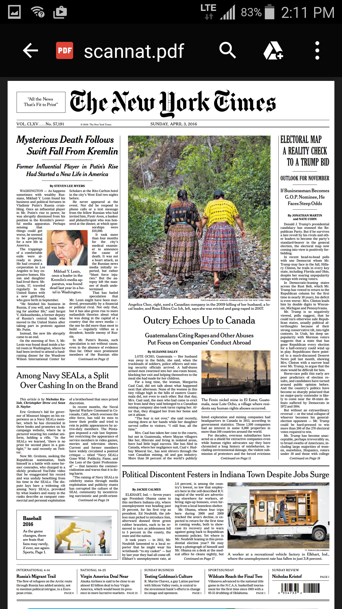 2016 04 03 screen shot Guatamalan women case against Hudbay front page New York Times national