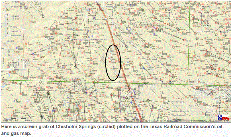 2016 04 07 Chisholm Springs circled w frac'd wells on Texas Railroad Commission's oil gas map
