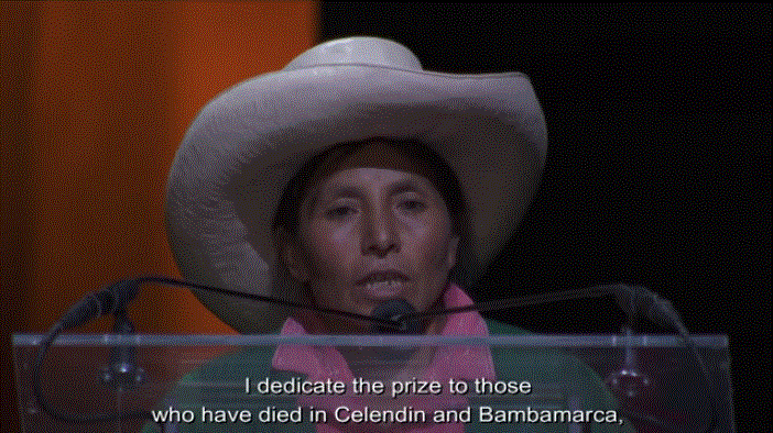 2016 04 18 Goldman Env Prize Winner 2016, Maxima Acuna, Peruvian landowner, dedicating prize to those who died in Celendin & Bambamarca