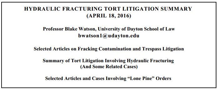 2016 04 18 Prof Blake Watson, U Dayton School of Law, Hydraulic fracturing tort litigation summary cover snap