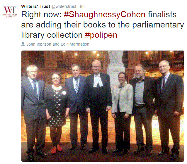 2016 04 20 Writers' Trust of Canada Photo of finalists adding their books to the paliamentary library collection, Shaughnessy Cohen Prize for Political Writing