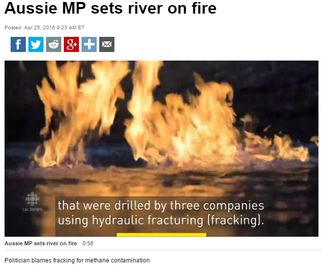 2016 04 25 CBC website main page 'Must Watch' video, 'Aussie MP sets Condamine River on fire, near CBM CSG wells frac'd by 3 companies2
