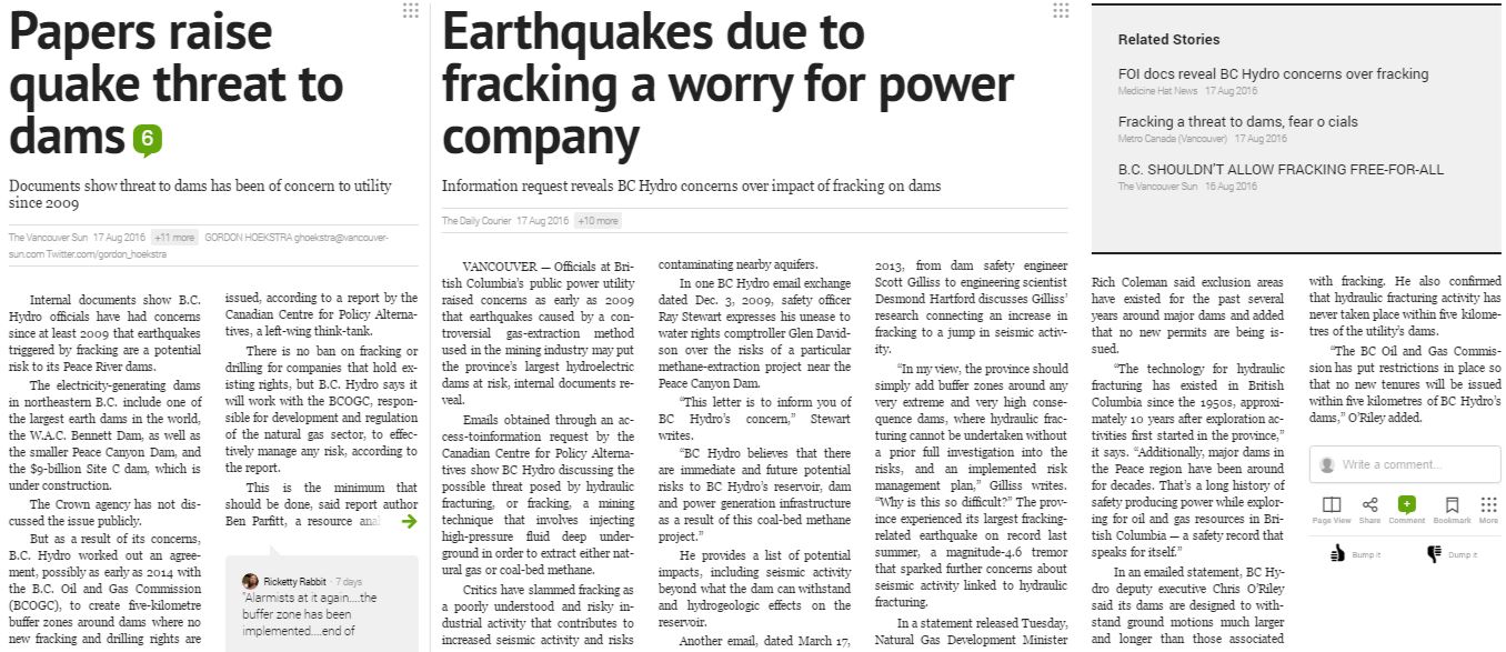2016 08 17 Press Reader The Vancouver Sun 'Papers raise quake threat to dams,' The Daily Courier 'Earthquakes due to fracking a worry for power company'