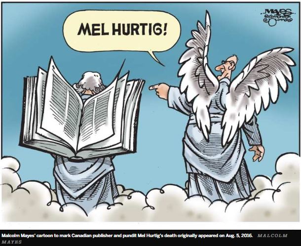 2016 08 Malcolm Mayes Mel Hurtig cartoon, book for wings in heaven