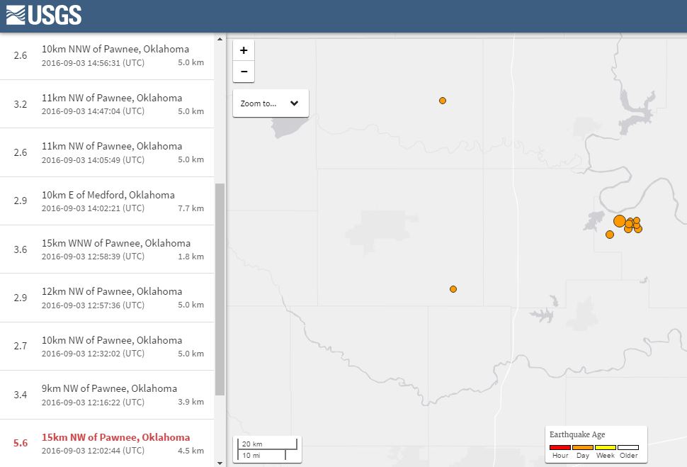 2016 09 03 5.6M earthquake Pawnee Oklahoma, in swarm of 13 quakes, snap 1