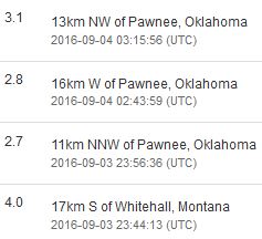 2016 09 03 Evening aftershocks to 5.6M Oklahoma earthquake, Montana super shallow 4.0M, 1.5 km deep