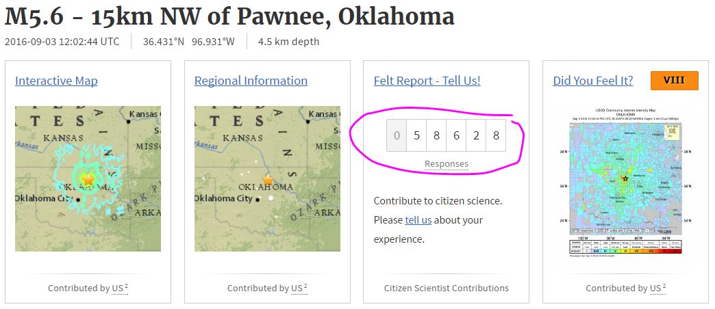 2016 09 03 Midnight, 58,628 responses to USGS, felt 5.6M Pawnee Oklahoma earthquake, as far as 2323 km away in Boston