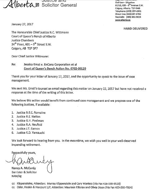 2017 01 27 snap letter Alberta Justice to CJ Neil Wittmann w list their 6 preferred justices to replace him in case management Ernst vs Encana