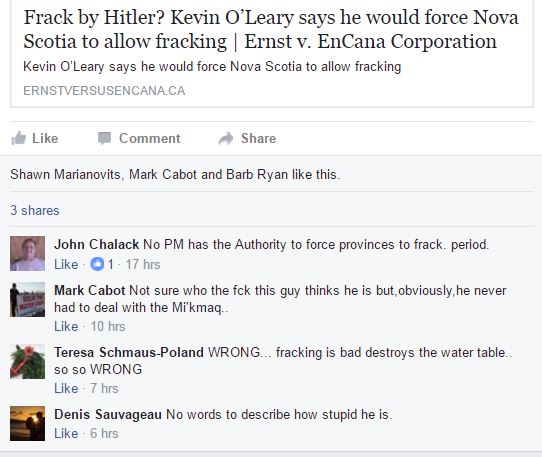 2017 01 31 snap of ASRG FB page comments to Frack by Hitler post, Kevin O'Leary bullying Canadian provinces