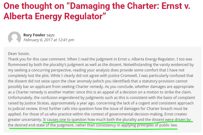 2017 02 06 comment by Rory Fowler to Dean Lorne Sossin's post 'Damaging the Charter' on Ernst losing at SCC w hilite