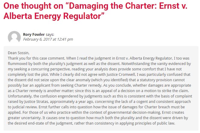 2017 02 06 comment by Rory Fowler to Dean Lorne Sossin's post 'Damaging the Charter' on Ernst losing at SCC