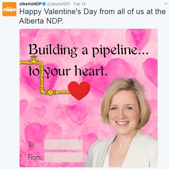 2017 02 14 Happy Valentine's Day from Alberta NDP, 'Building a pipeline to your heart'