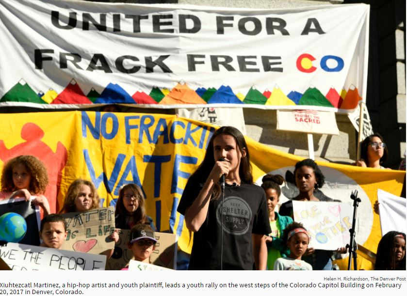 2017 02 20 Xiuhtezcati Martinez leaking frac free youth rally steps Colorado Capitol Bldg
