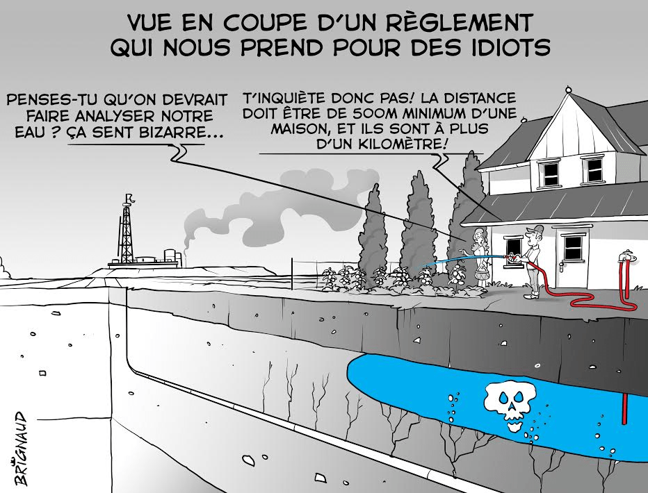2017 02 Quebec's new frac-frenzy-free-for-all bill, takes Quebec land and home owners for idiots cartoon