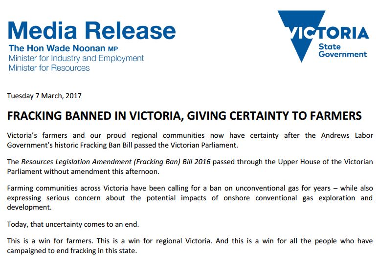 2017 03 07 Victoria State Govt, Australia, Media Release on Frack Ban