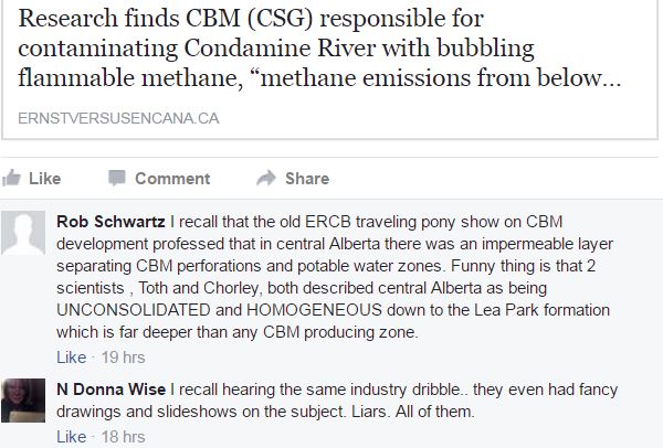 2017 04 19 snap ASRG fb page, Schwartz, Wise commenting on AER, AENV, Encana et al lying about impermeable layer protecting gw