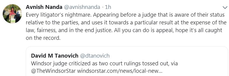 snap of twitter comment by edmonton lawyer Avnish Nanda, "every litigator's nightmare"