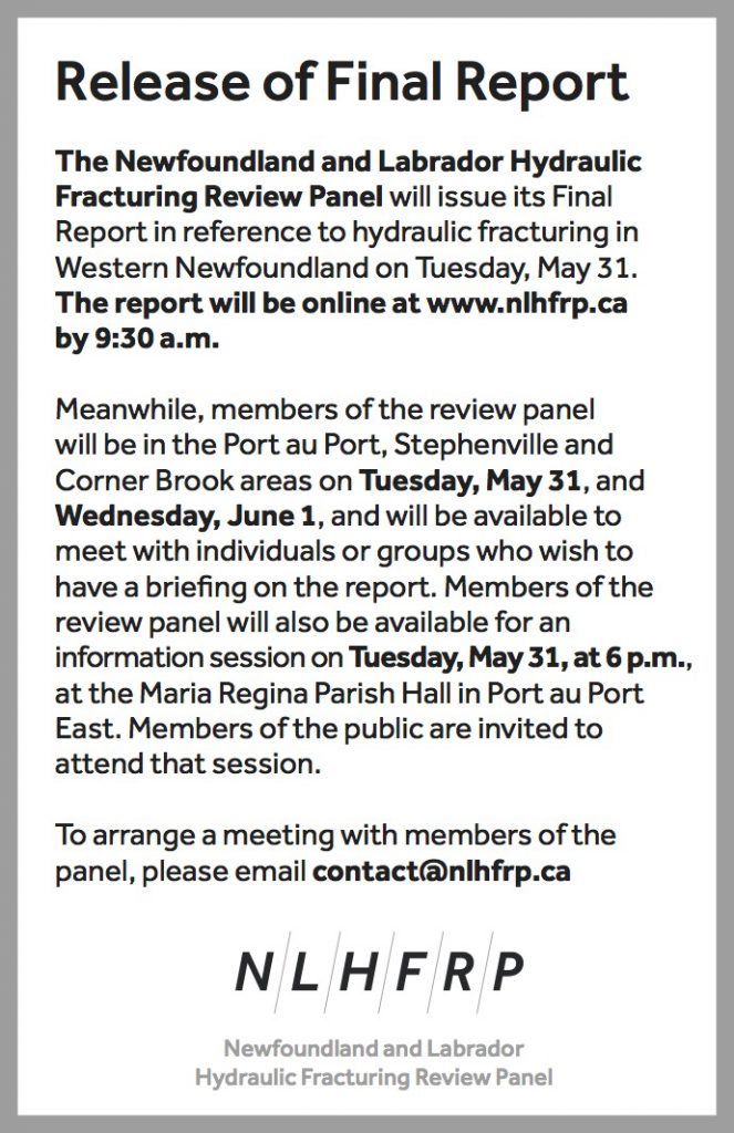 Newfoundland aand Labrador Hydraulic Fracturing Review Panel Final-Report-annoucement