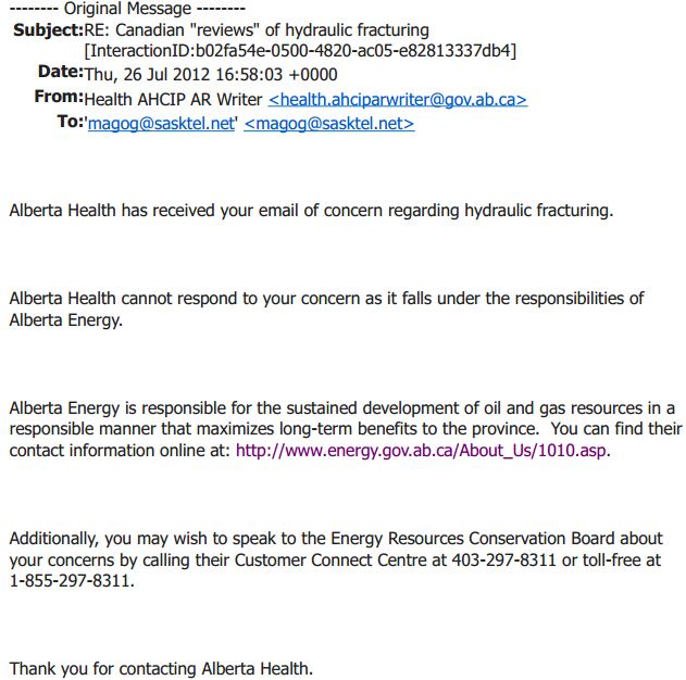 snap Alberta Health Negligence, avoiding their duty to protect the public from frac harms, 2012 07 26 email to Jessica Ernst
