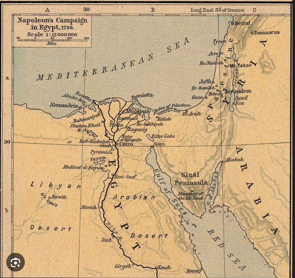 1798 napoleon's campaign in Egypt map showing text "Palestine"