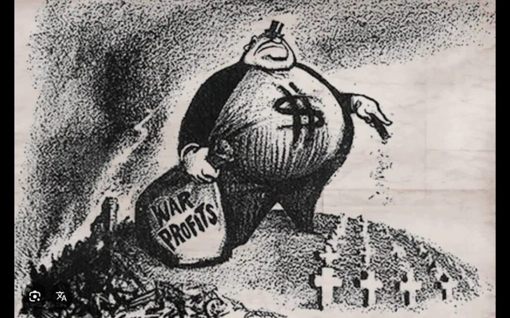 1946 black and white cartoon showing grossly overweight man with huge gut and triple chin wearing a tiny black top hat and shirt with dollar sign on it, smoking a cigar, flicking his ashes on the graves of the war slaughtered, in his other hand, he grabs and large bag saying "war profits", to that side is a bombed and smoking community