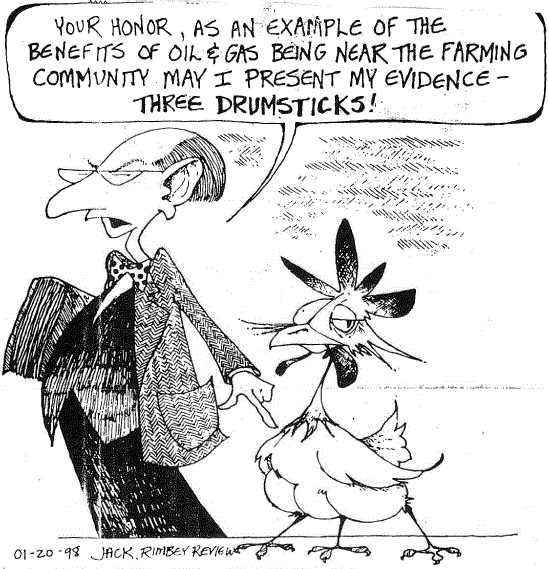 1998 01 20 Rimbey Review cartoon on evidence benefits of oil and gas near farming community