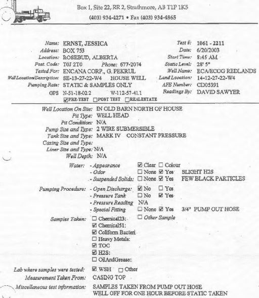 2003 Encana test results on Ernst water well, testing by her request