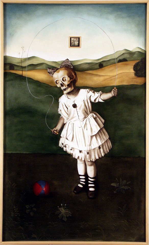 2004 Skull Girl, lightbox painting on wood panel by Marianna Gartner, suggested cover for Andrew Nikiforuk's Slick Water