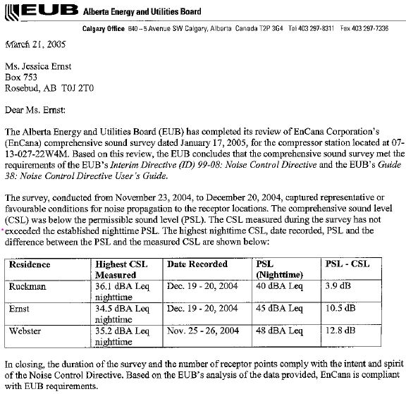 2005 03 01 EUB falsifies and enables Encana's non compliant noise levels at Rosebud
