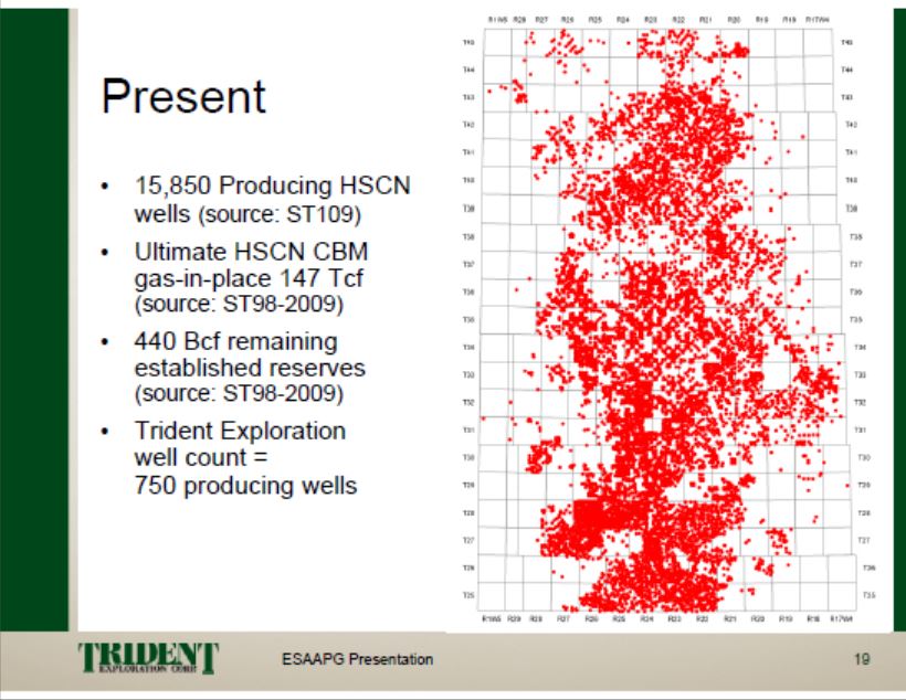 2010 Map Trident Exploration Corp presentation 2010, shallow frac'd CBM wells Horseshoe Canyon Play AB