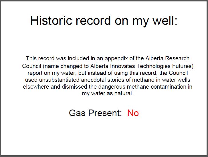 2011 05 03 Jessica Ernst presents on fracing at UN, New York City, Ernst's historic water well record, 'gas present no'