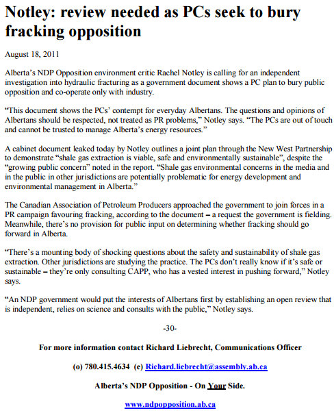 2011 08 18 Notley, NDP press release, 'calling for independent investigation into hydraulic fracturing'