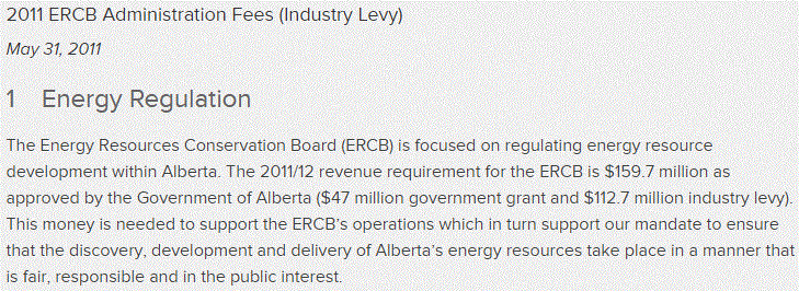 2011 ERCB Admin fees, 112.7 Million Industry Levy, 47 Million Alberta govt grant