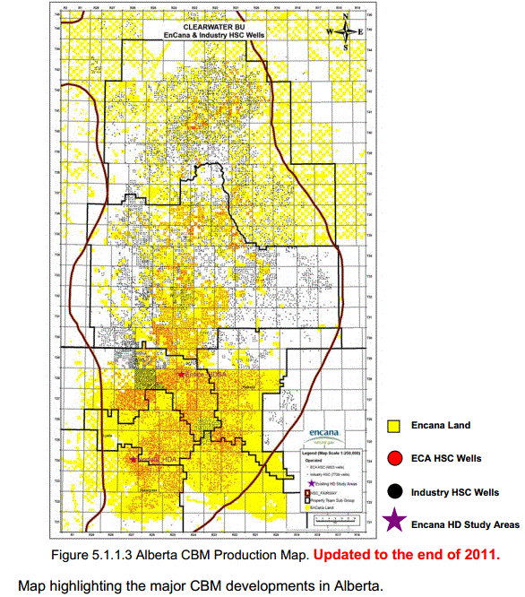 2011 updated to, Alberta CBM map showing Encana lands and HSC wells