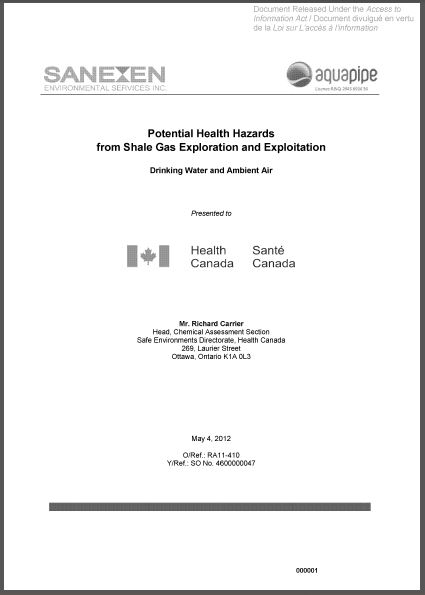 2012 05 04 Health Canada Report released 2014 09 Potential Hazards from Shale Gas, Drinknnig Water, Ambient Air