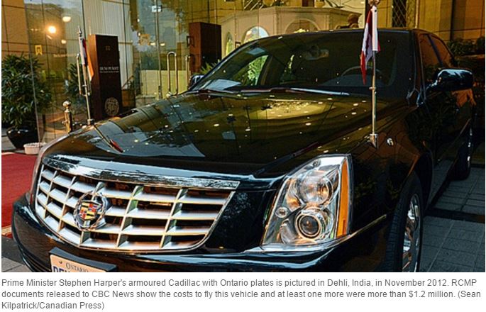 2012 Steve Harper's armoured cadillac flown to India, w at least another, cost Canadians 1.2 Million