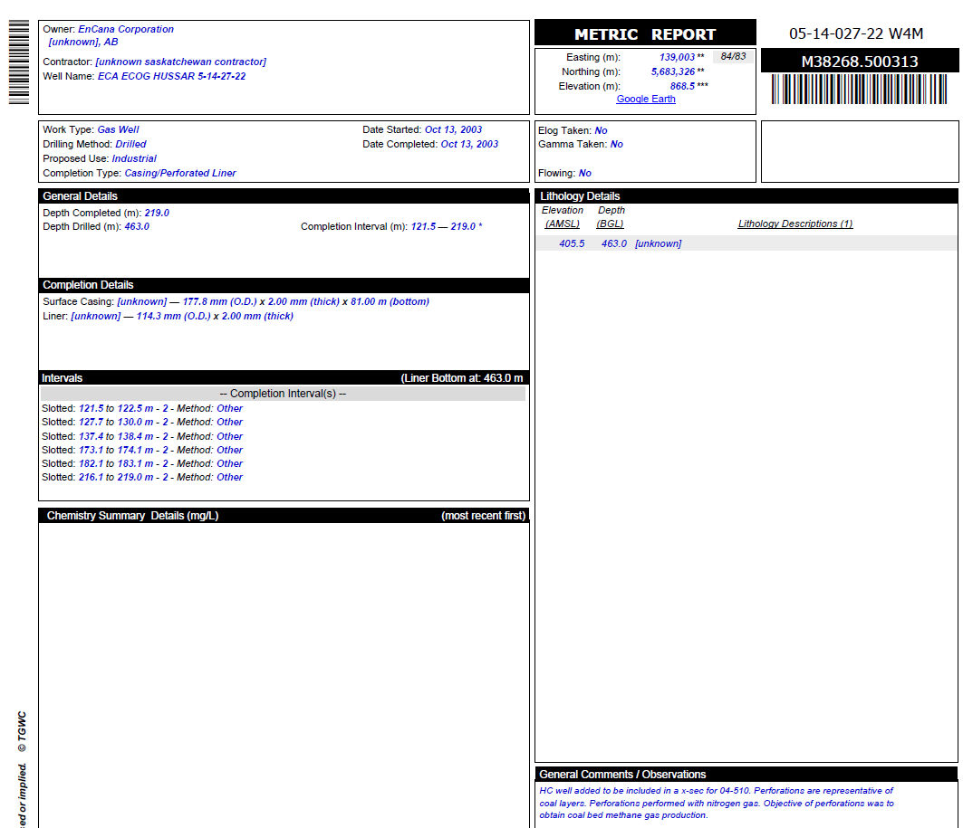 2003 Encana 5-14-22-27-W4M Shallow Casing Perforations frac'd in 2004 into Rosebud Drinking Water Aquifers from Alberta Groundwater Centre Database