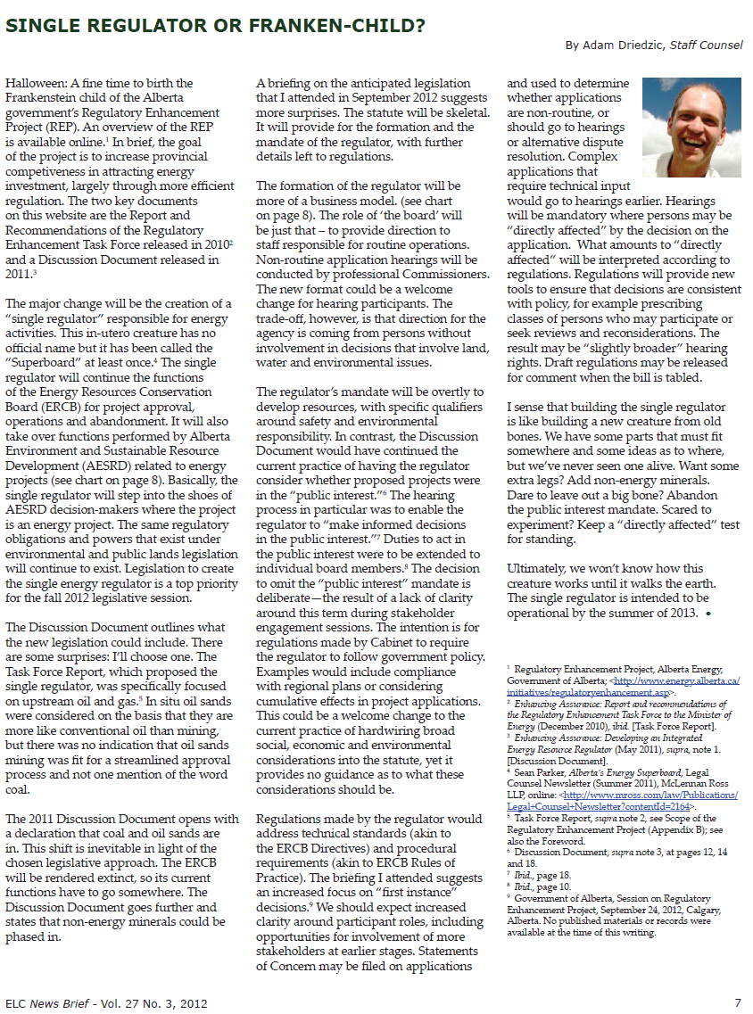 2012 10 ELC news brief pg 7 Alberta super ERCB snap One regulator or Franken Child